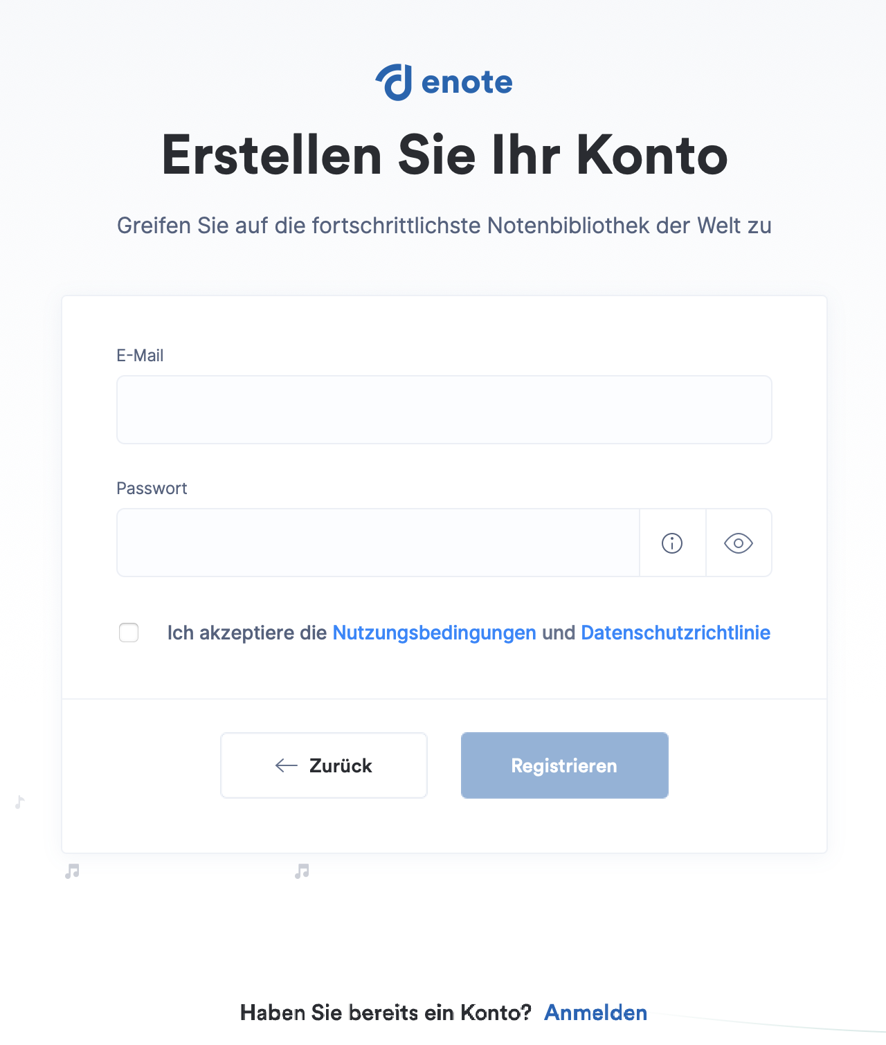 Registrierungsseite der Enote App mit E-Mail- und Passwortfeld