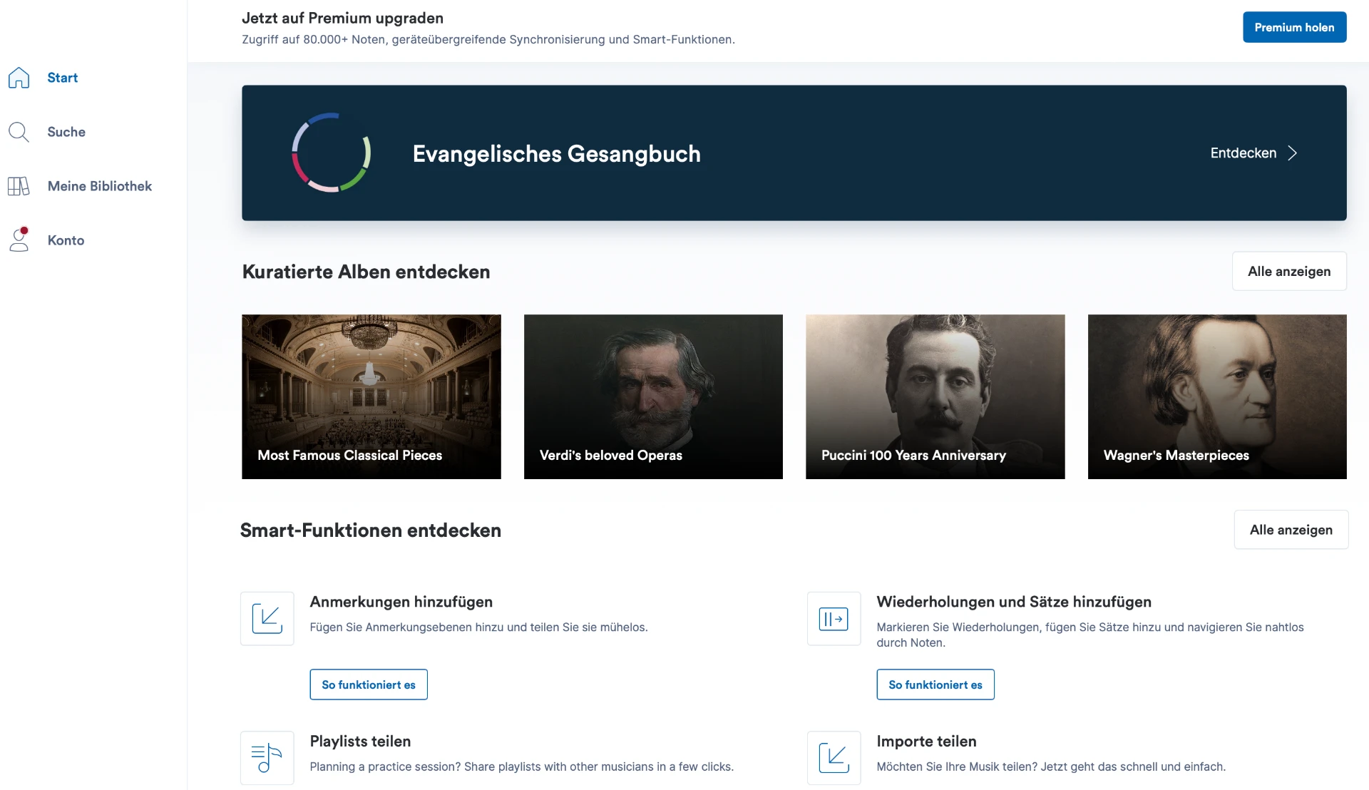 Startseite der Enote App mit dem Banner „Evangelisches Gesangbuch“