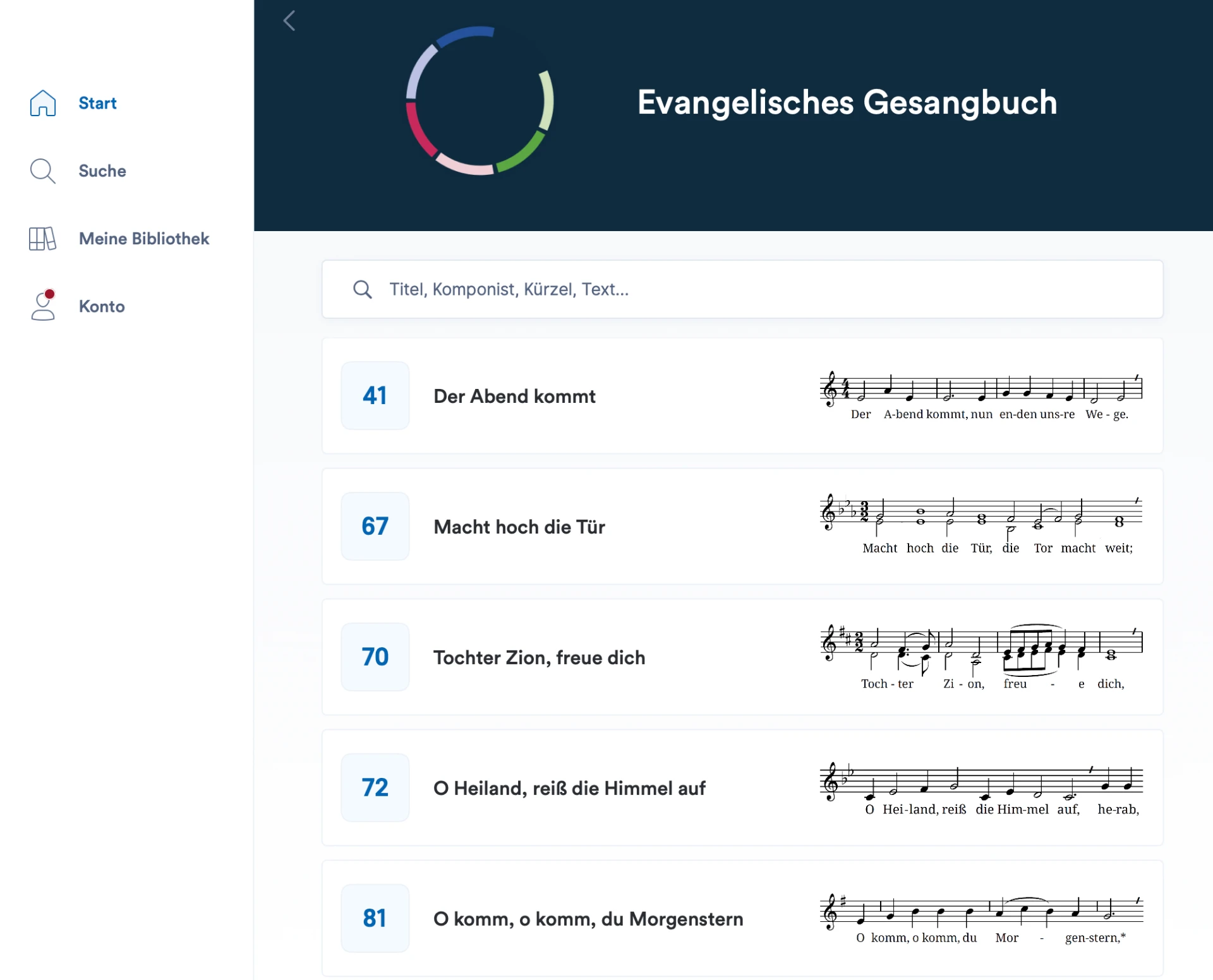 Albumansicht mit der Liste der nummerierten Kirchenlieder